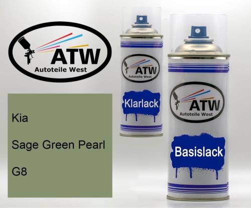 Kia, Sage Green Pearl, G8: 400ml Sprühdose + 400ml Klarlack - Set, von ATW Autoteile West.